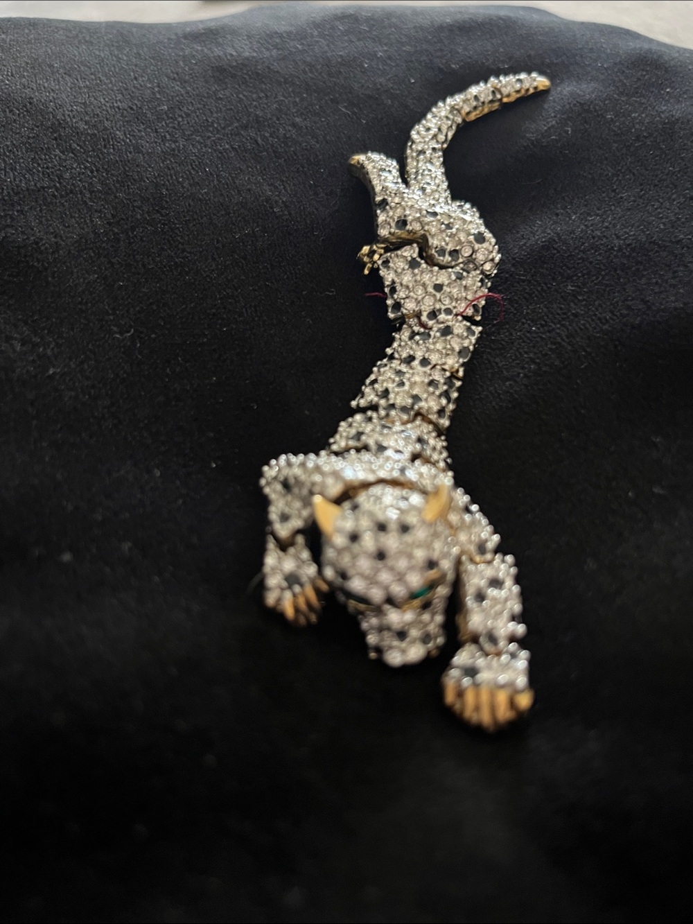 Swarovski Crystal Leopard Brooch in Silver with Gold Accents and Green Eyes